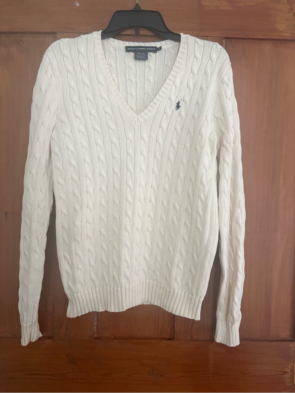 Ralph Lauren Sport Cream Cable-Knit V-Neck Sweater Navy Pony Size Large L
